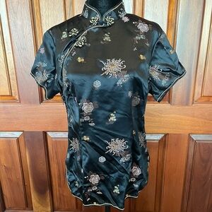 Vintage Peony Brand Brocade Cheongsam Qipao Black 38 M Frog Closure Shanghai